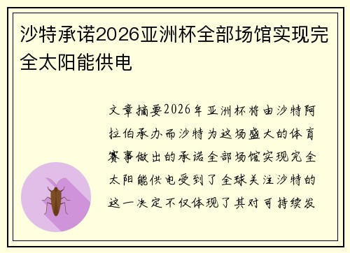 沙特承诺2026亚洲杯全部场馆实现完全太阳能供电